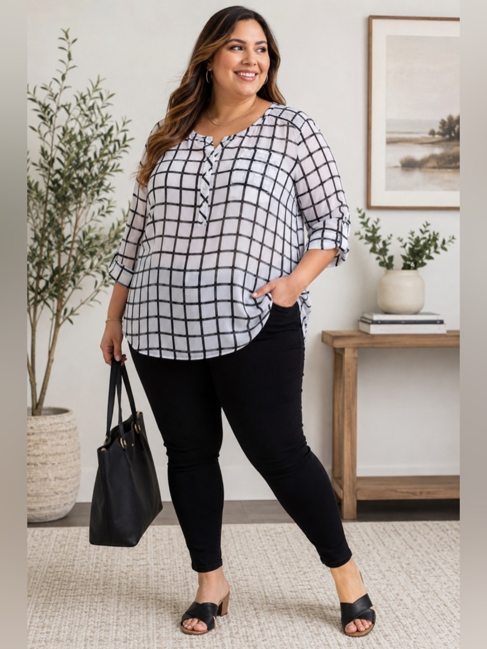 Torrid Size 4 (4X) Black & White Windowpane Grid Roll Tab Semi Sheer Blouse Top